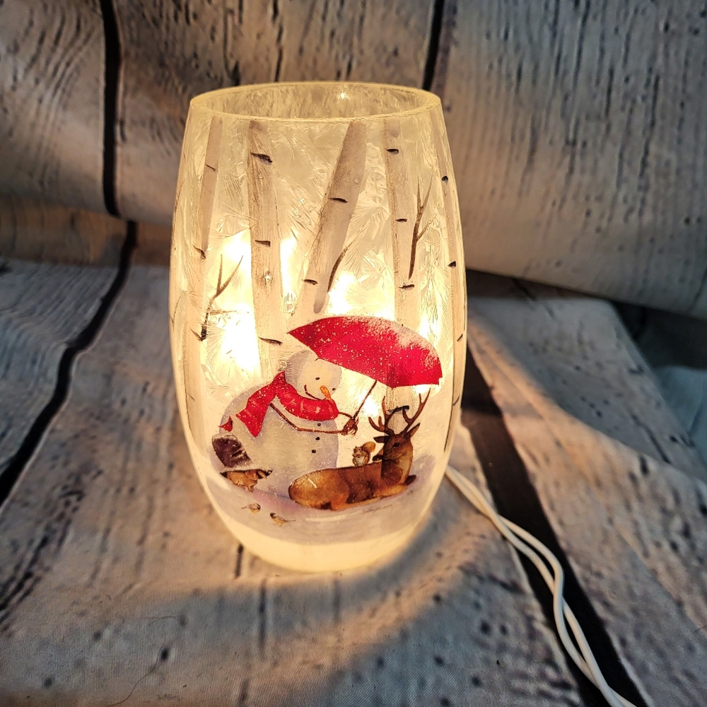 Stony Creek lighted glass jar. Snowman/deer